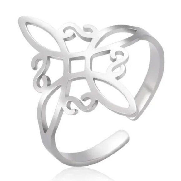 Silver Stainless Steel Witch Celtic Viking Cross Knot Adjustable Open Ring NWOT - Picture 3 of 15